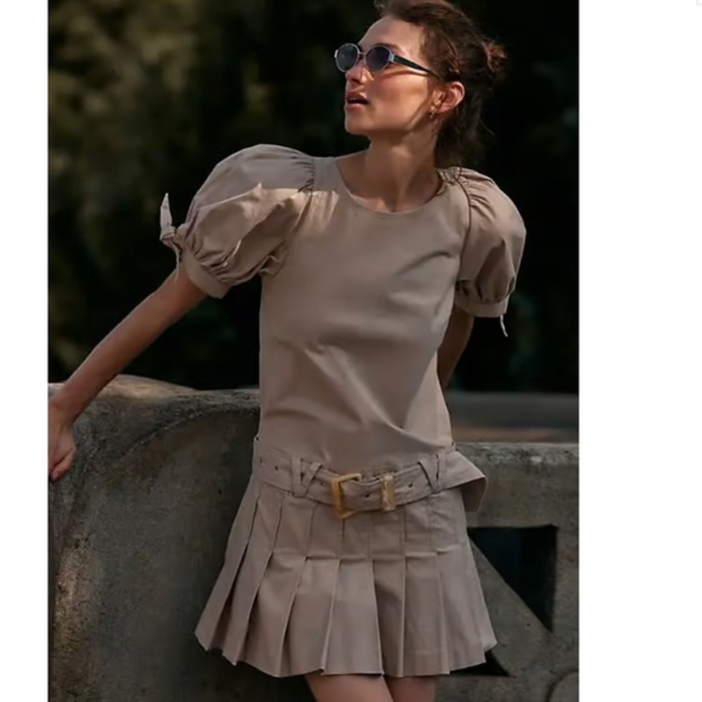 FREE PEOPLE NWOT Sevi Mini Dress Belted Pleated Puff Sleeve Size Large
